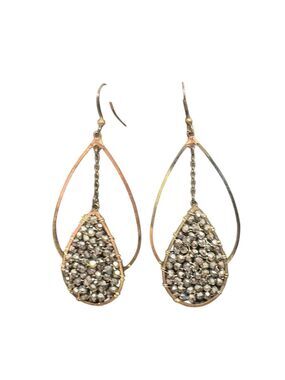 Teardrop beaded mixed metal 3 inch antique gold fish hook earrings long drop